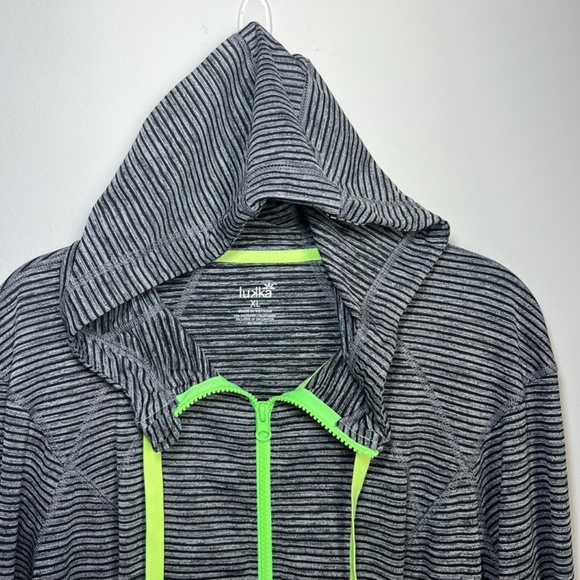 Lukka Womens Hooded Athletic Jacket Gray Black Stripe Neon Zip Thumb Holes Sz XL - Picture 3 of 15